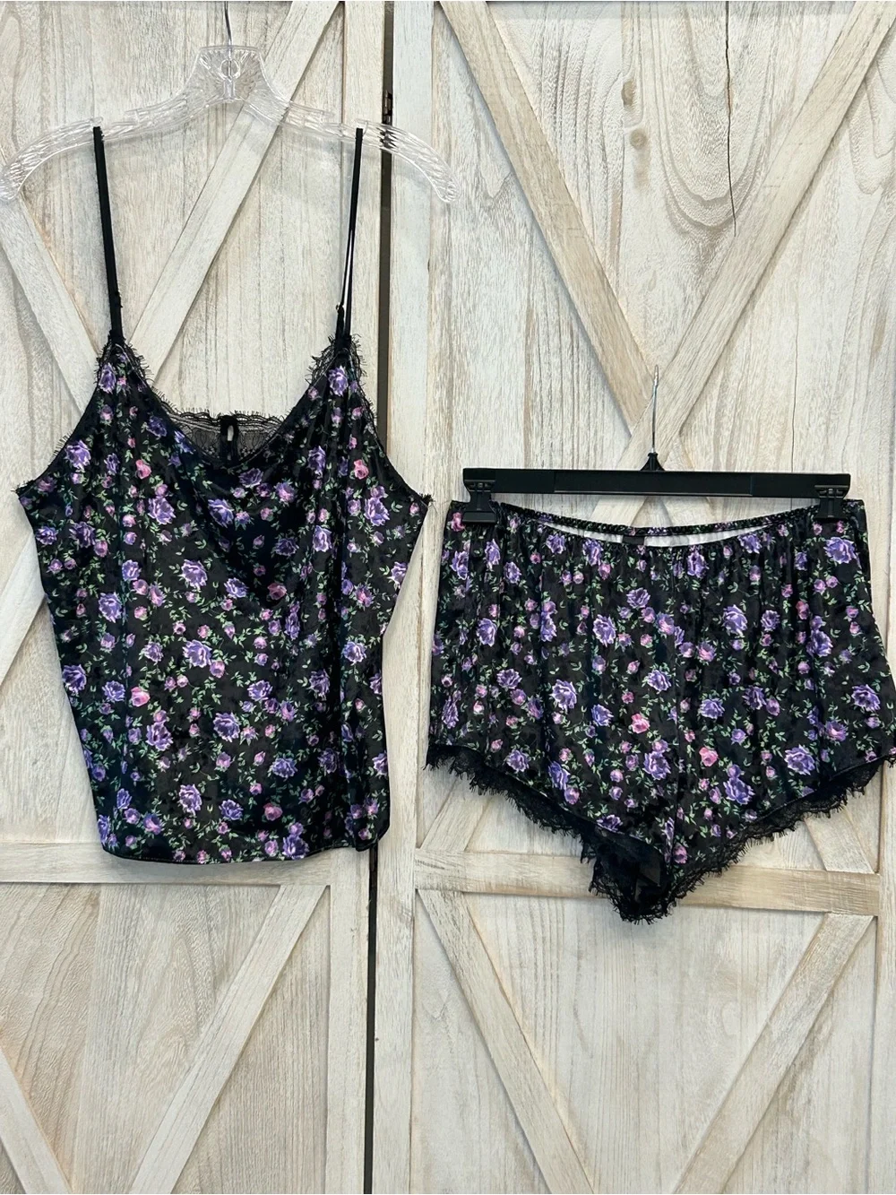 Victoria's Secret Black Floral Lace-Trim Cami & Shorts Set